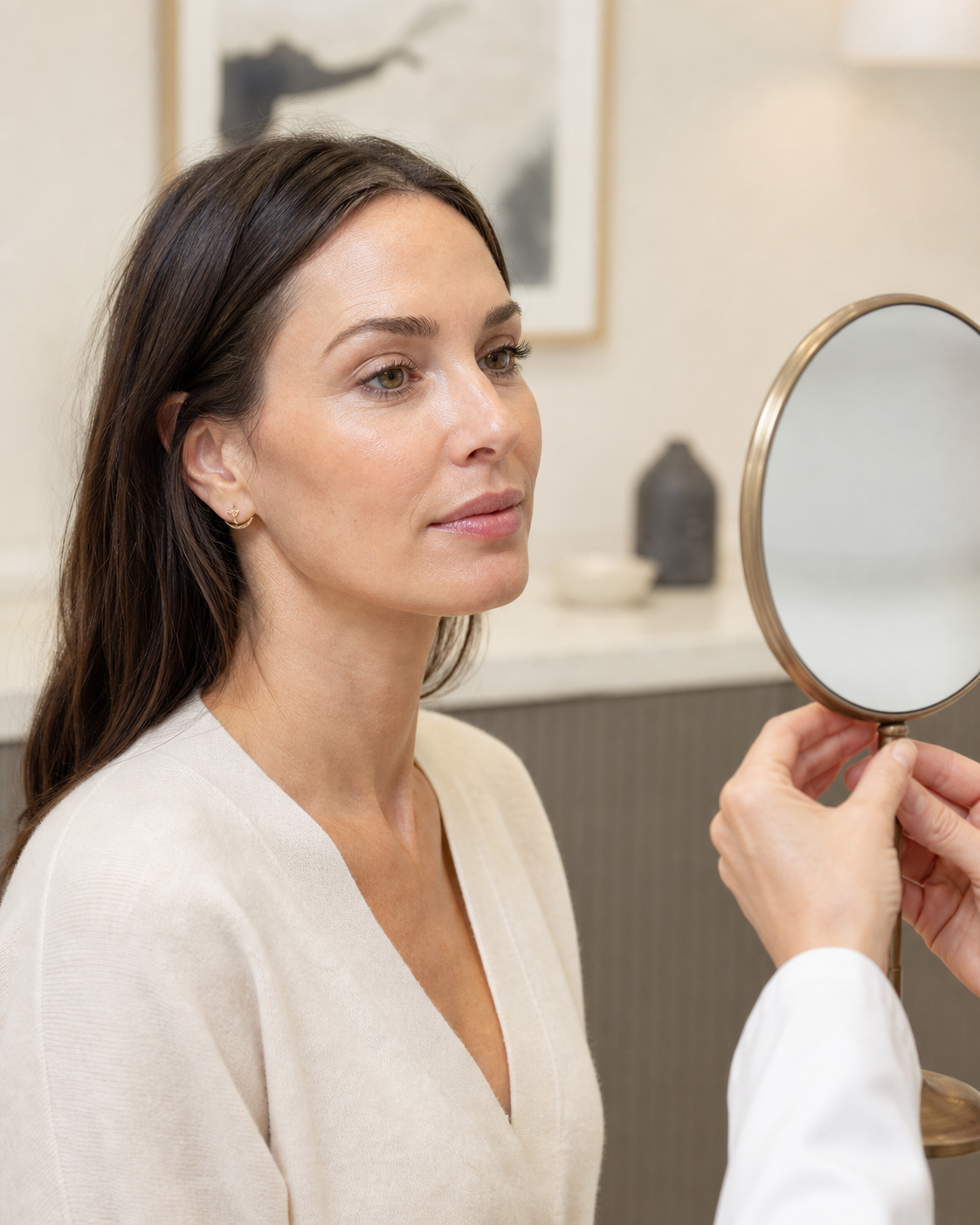 Filler treatment consultation in a warm aesthetics studio