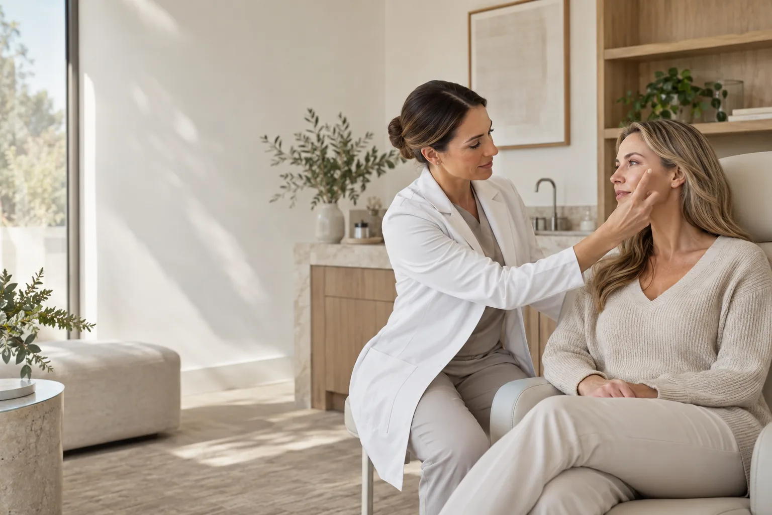 Aesthetic consultation for expression-line treatment in a warm clinic setting